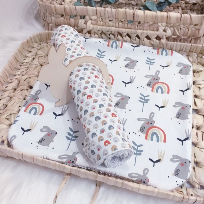 Lapins rêveurs - Duo serviettes avec rond de serviette lapin à décorer offert